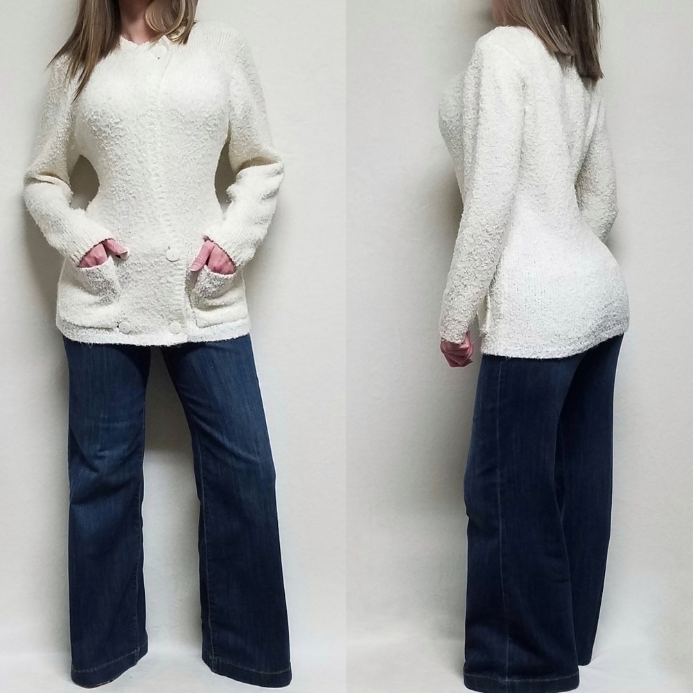 VINTAGE 70s Littlewood Green Ivory Boucle Knit Double Breasted Wrap Cardigan M